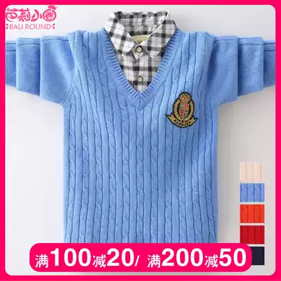 Boys' sweater shirt collar fake two pieces plus velvet thickened new pullover base shirt autumn and winter