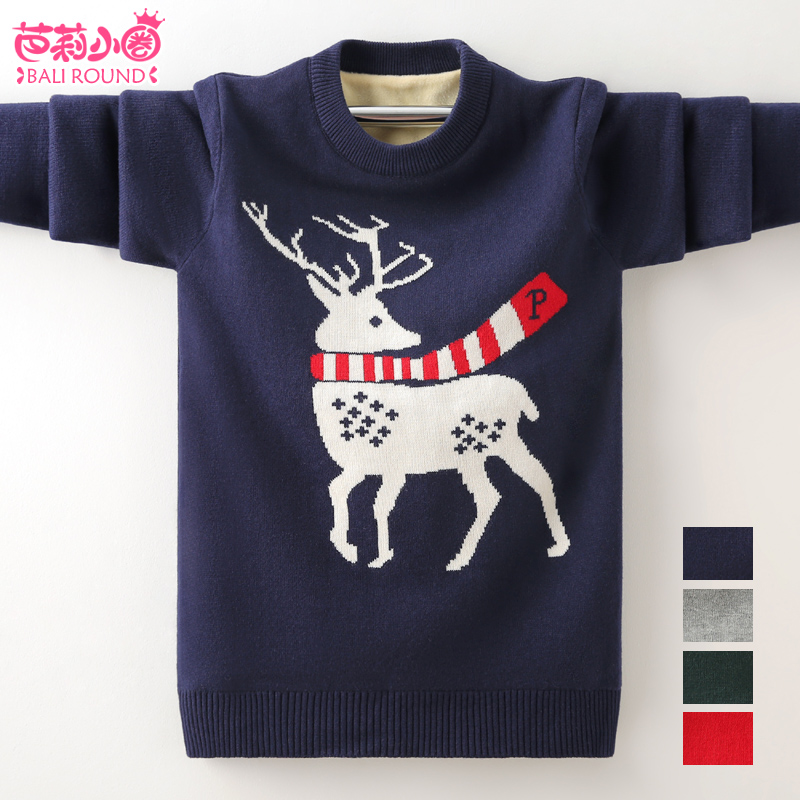 Boys sweater children's pullover knitted sweater big boy plus velvet thick red warm autumn and winter boys bottoming shirt