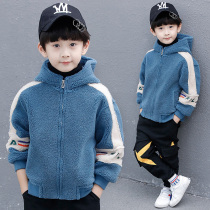 Boys cashmere coat autumn and winter models 2021 new foreign children plus velvet thickened boy Lamb hair tide
