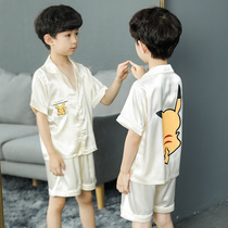 Childrens pajamas summer boy thin ice silk short sleeve home clothes boy parent-child baby air-conditioned clothing summer suit