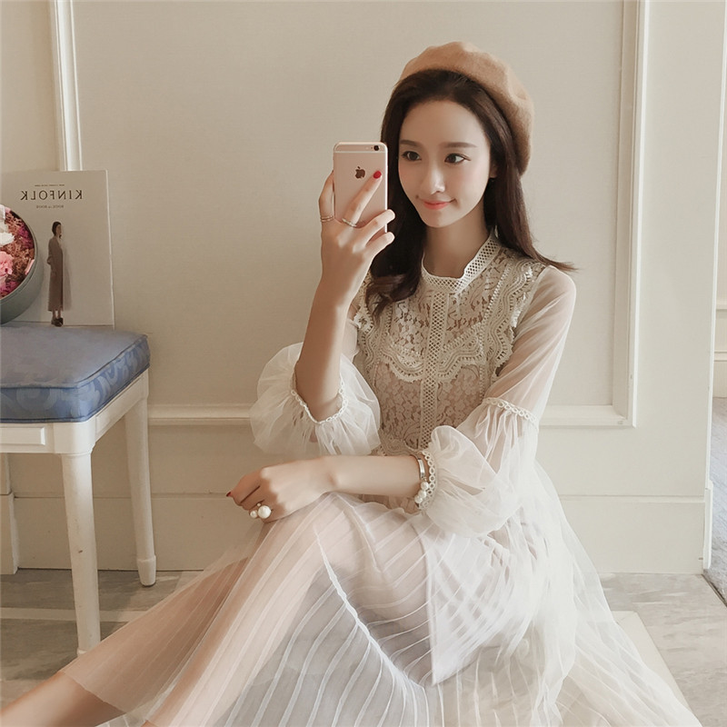 D蕾丝网纱连衣裙套装女韩版秋季甜美钩花百褶吊带裙两件套潮3411