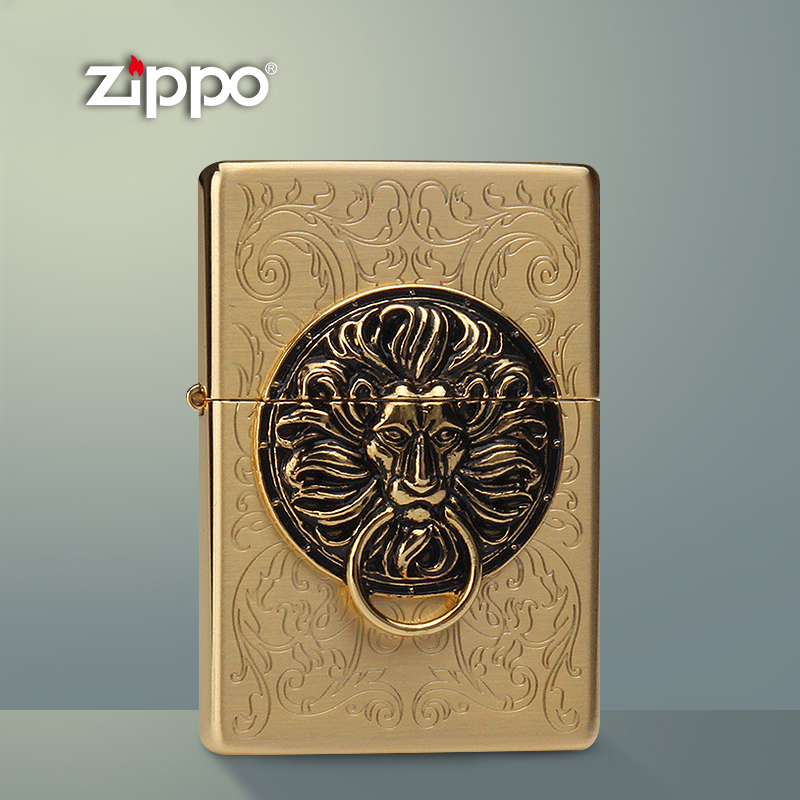 Original ZIPPO kerosene lighter ancient silver gold-plated ring lion guard door god zbt-1-35a