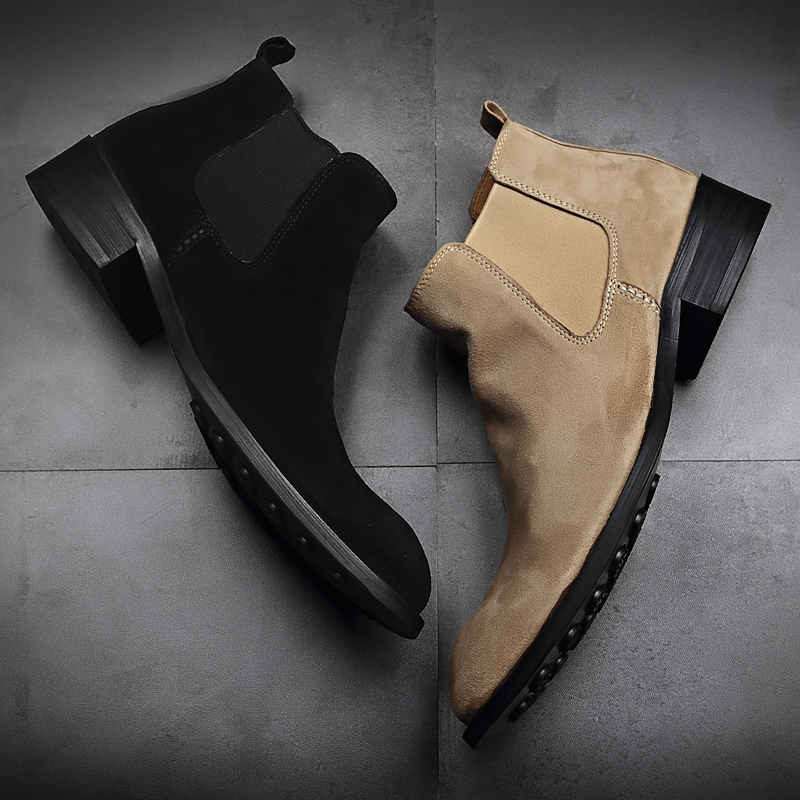 VQGT Inron high cylinder leather shoes Men's short boots Pointed Martin Boots Genuine Leather Chelsea Leather Boots Anti Suede Male Boots Plus Suede