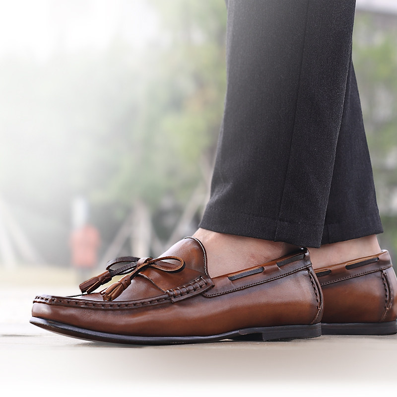 VQGT Summer Inron Leisure leather shoes Men's leather One foot pedal sloppy shoes Shoes Bull Leather Streaming Sushoe Sailing Shoes Lefu Shoes