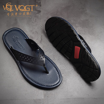 VQGT summer toe Flip-flops leather sandals skid British casual sandals cowhide slippers men soft bottom