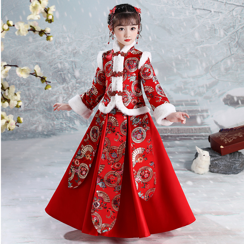 Hanfu Girls New Year Chinese Style Tang Costume Red Baby New Year Dress New Year Winter Dress Children's Costume Thick Winter