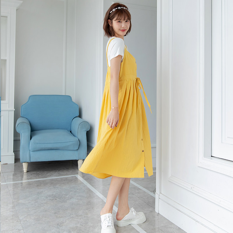 Pregnancy maternity dress Two sets of summer V collar pure cotton yellow medium long version Korean version Baby Bag Skirt Loose Fashion Spicy Mother Summer Dress
