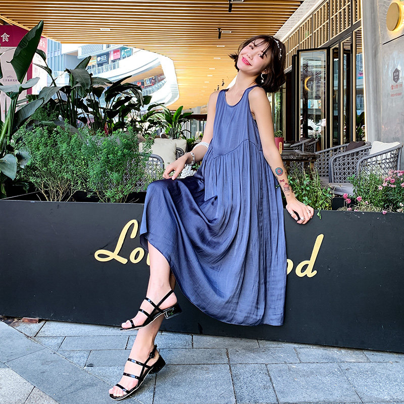 2022 Pregnant Woman Vest Skirt Summer Fashion surrogacy Mom Loose Casual Long Version Over Knee Silvery Sleeveless Dress