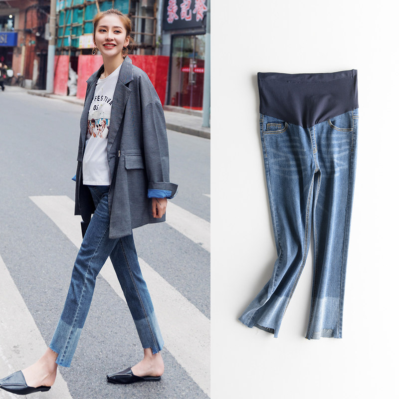 Pregnant woman jeans slim fit Spring and autumn paragraph 2022 new Korean version of the body external wearing damp mother Belly Straight Drum Pants Spring Dress