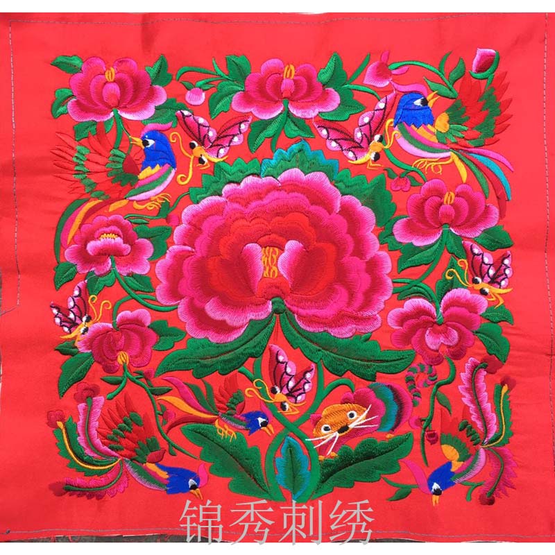 Peony flower machine embroidery ethnic wind big red cloth embroidery Chinese style imitation hand embroidery pieces