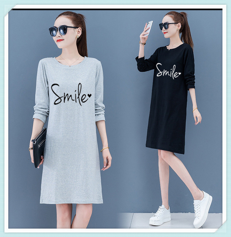 Long-Sleeved Dress for Women, New Trendy 2025 Autumn Korean Style, Loose Fit for Plus-Size Women, Large Size Nightgown, Mid-Length T-Shirt Dress