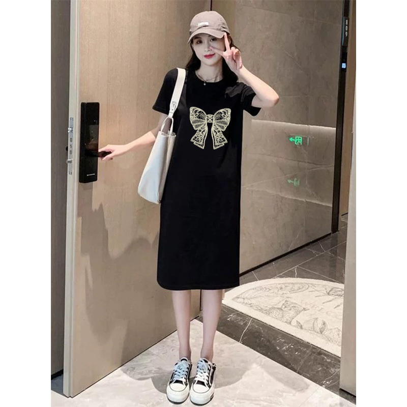 Plus-Size Women's Over-The-Knee Short-Sleeve T-Shirt Dress, 2026 Summer Trendy Black Loose and Casual Mid-Length Dress for Women