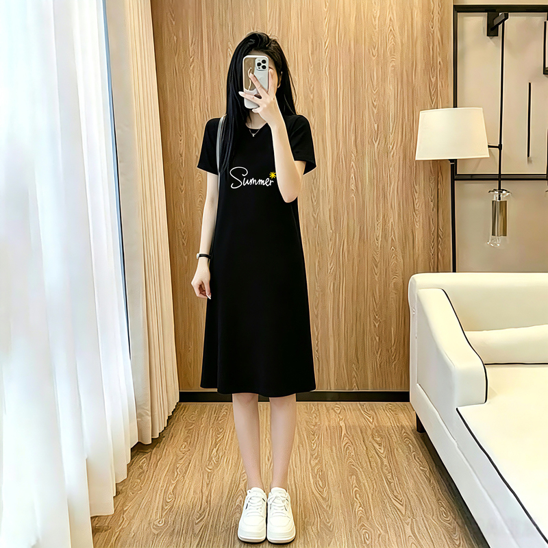 Black Short-Sleeved T-Shirt Dress for Women 2026 New Summer Loose Mid-Length Casual Straight Lazy Over-The-Knee Dress