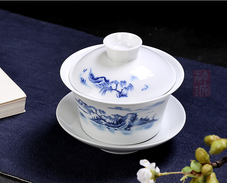 Extra large blue and white tureen ceramic tea set to use three only three fort to bowl bowl of dehua white porcelain bowl gourmet