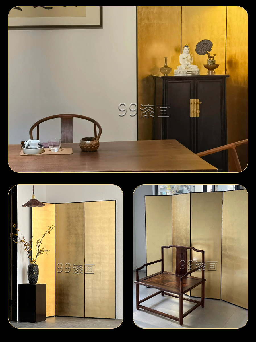 ширма 99漆画日式素金箔屏风四扇中式酒店客厅茶室隔断插花摄影折屏定制