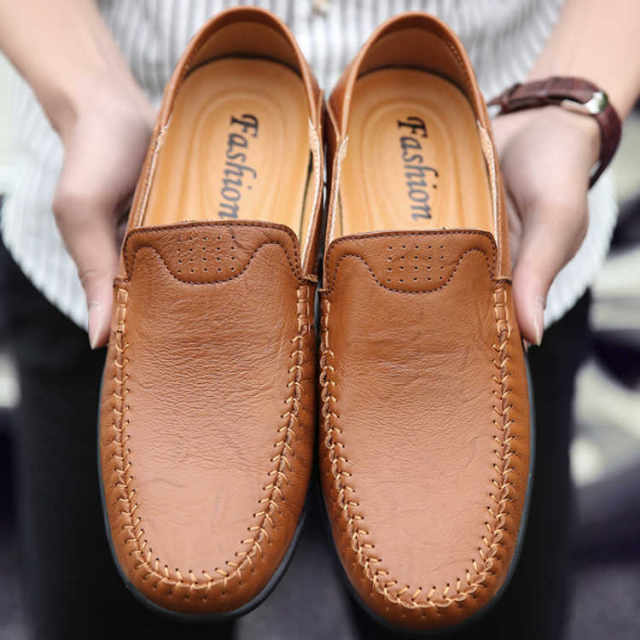 2021 New Slip-On Soft Leather Soft Sole Genuine Cowhide Peaches Men's Large Size Non-Slip Casual British Leather Shoes