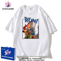 Chaoyuanmei Fox Nick and Rabbit Judy printed short-sleeved T-shirt for women 2024 new style shoulder loose couple wear half-sleeved