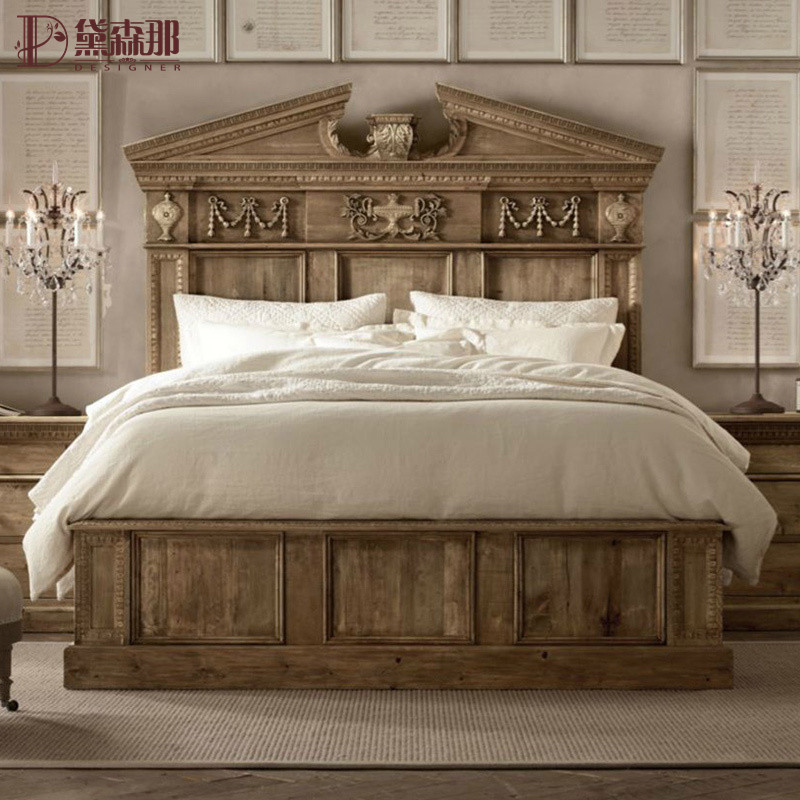 French country retro solid wood bed double bed 1 8m master bedroom queen bed European style high-end furniture carved bed