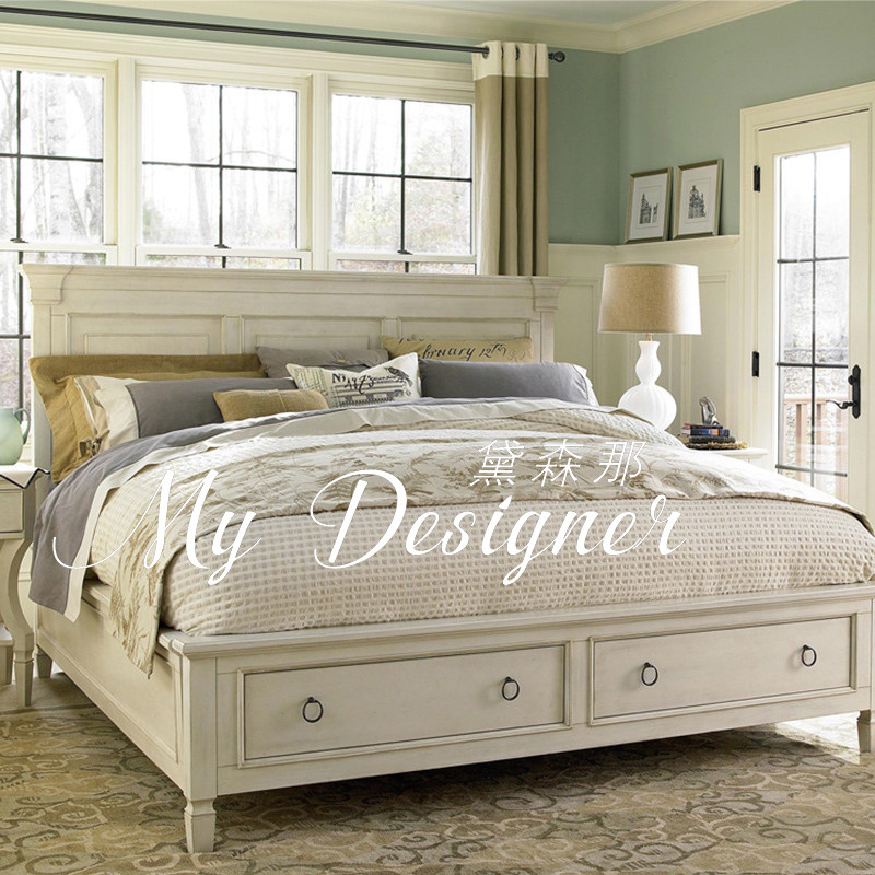 American solid wood bed 18m double bed French retro white storage bed master bedroom queen bed 15m single bed
