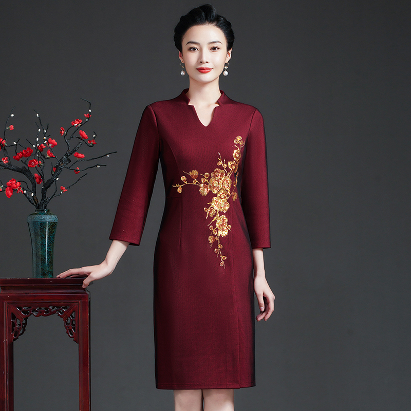 2022 Spring and autumn new gush thickened Mom dress wedding banquet Festive Qipao Dress Improved Big Size Dress Dress women
