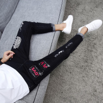 Spring ripped pants 9 nine points jeans mens Korean slim small pants trend mens beggar pants mens pants