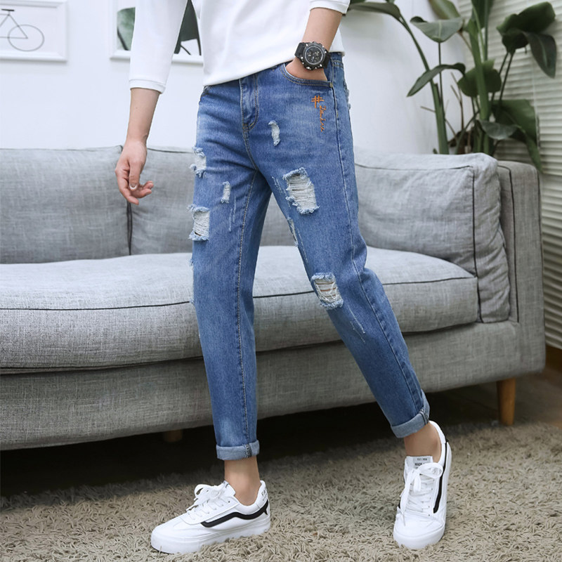 Spring hole 99 min jeans men's Korean version of mens pants mens pants men's pants