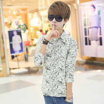 Spring printed plaid long-sleeved shirt mens Korean slim-fit youth fashion shirt trendy mens white inch