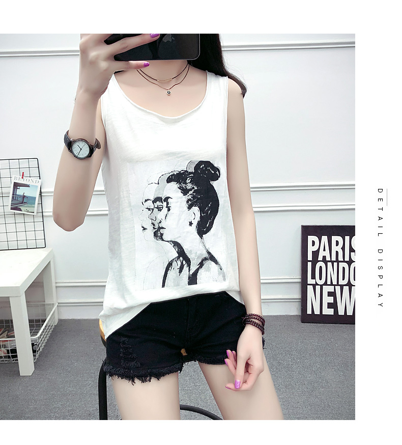 Mùa xuân hè mới áo sơ mi giản dị rộng kích thước cổng gió cotton vest nữ sling vòng cổ in áo sơ mi chạm đáy áo thun nữ đẹp