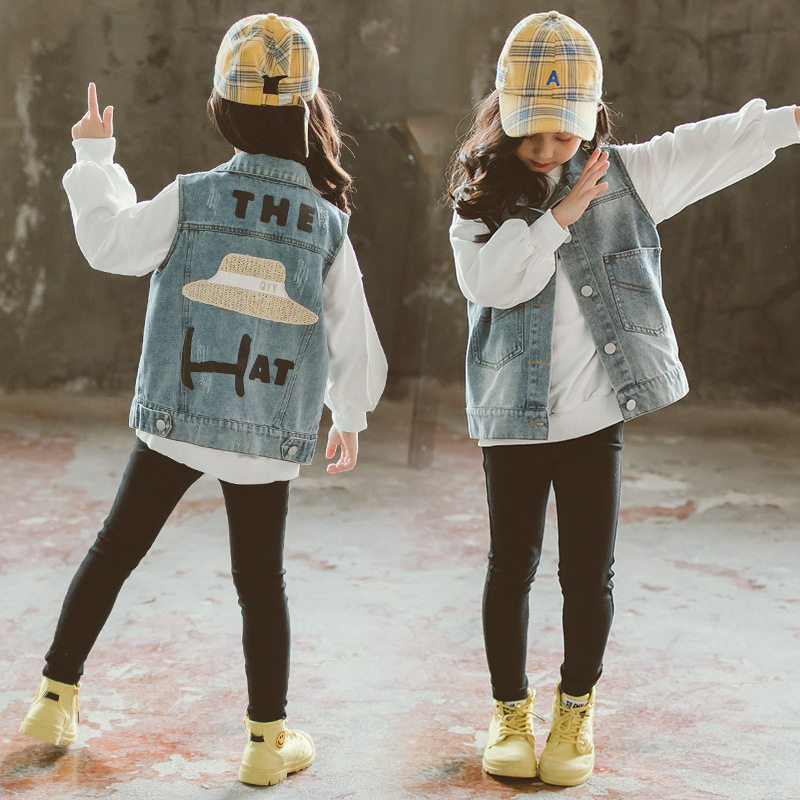 Girl Cowboy Waistcoat Spring Dress New Outwear With Macclip Children CUHK Boy Trendy Kan Shoulder Foreign Pie Spring Autumn Little Vest