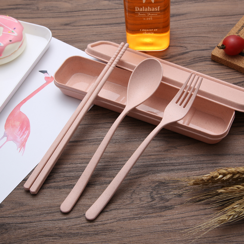 Wheat Straw Creative Travel Student Portable Tableware Three-Piece Set Kidsren's Chopsticks Spoon Fork Gift Box Set