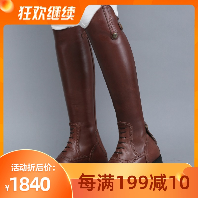 New retro handsome horseback riding obstacle boots genuine leather laced hollowed-out square head professional rider high cylinder boots female