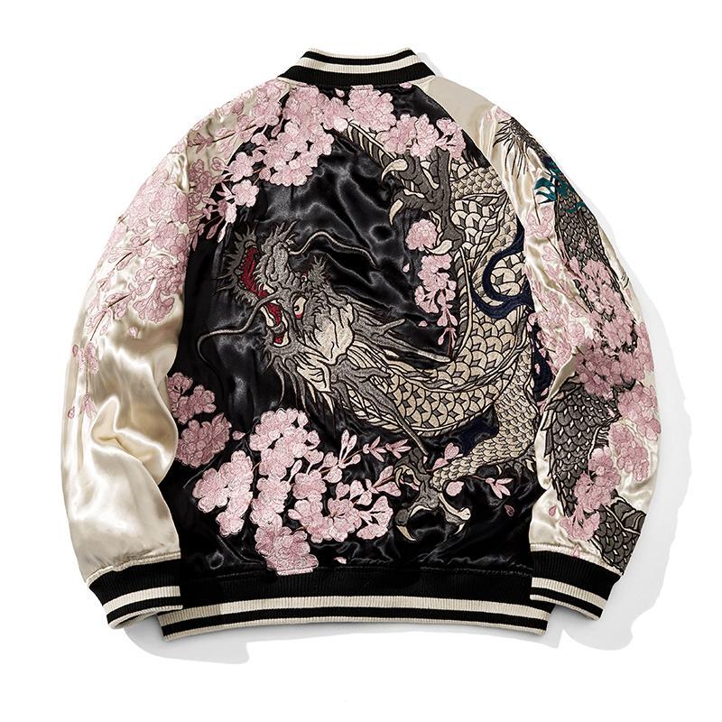 Sukajan Dragon Cherry Blossom Embroidered Jacket Trendy Brand Personality Unisex Yokosuka Style Satin Reversible Jacket
