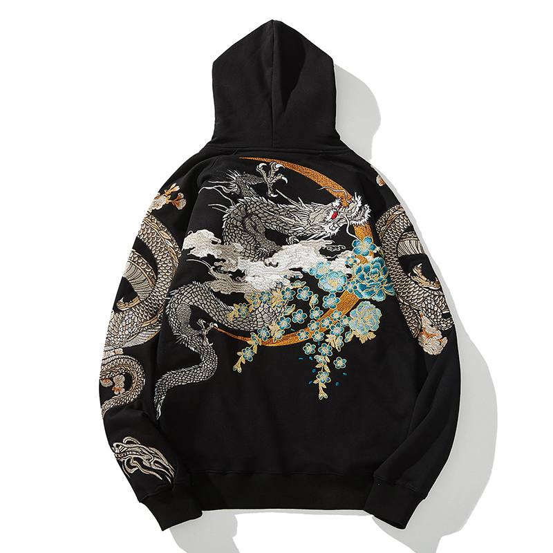 Three generations of dragon sleeves Double dragon over-the-shoulder hooded velvet thickened Yokosuka embroidery men's and women's thick T-shirts