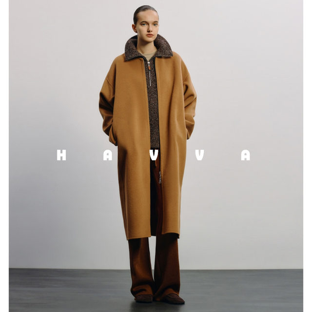 HAVVA中长款茧型廓形100%绵羊毛大衣女士毛呢外套2025冬季N3-2600
