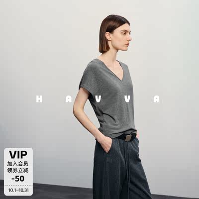 HAVVA laid-back and relaxed V-neck one-shoulder small flying sleeve basic short-sleeved T-shirt 2026 Summer T3-00570