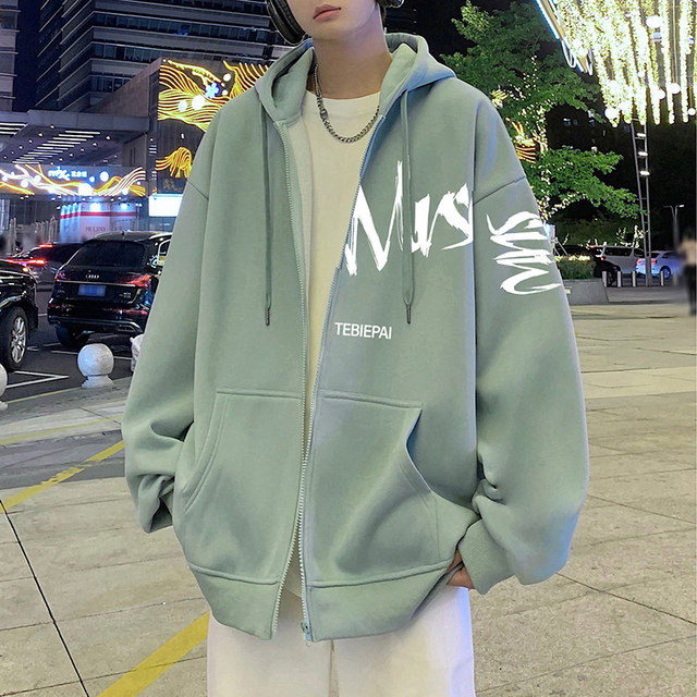 American lazy style sweatshirt jacket for men spring and autumn 2024 new hooded loose zipper cardigan for boys trendy ins