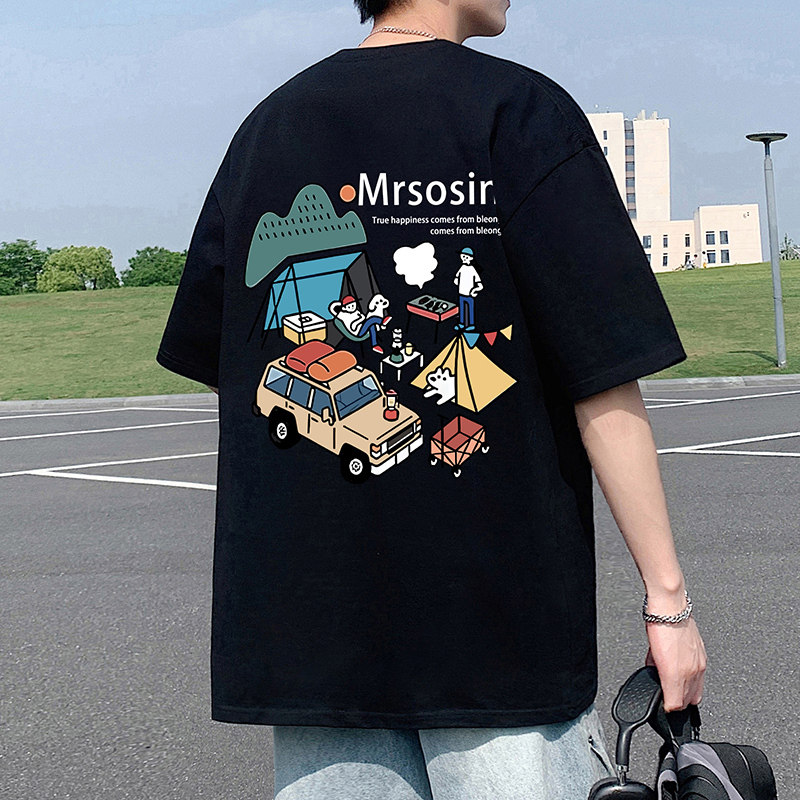 Американская хлопковая футболка oversize high street из хлопка с короткими рукавами, мужская летняя новая свободная футболка бренда tide, топ с короткими рукавами для мальчиков Изображение 1
