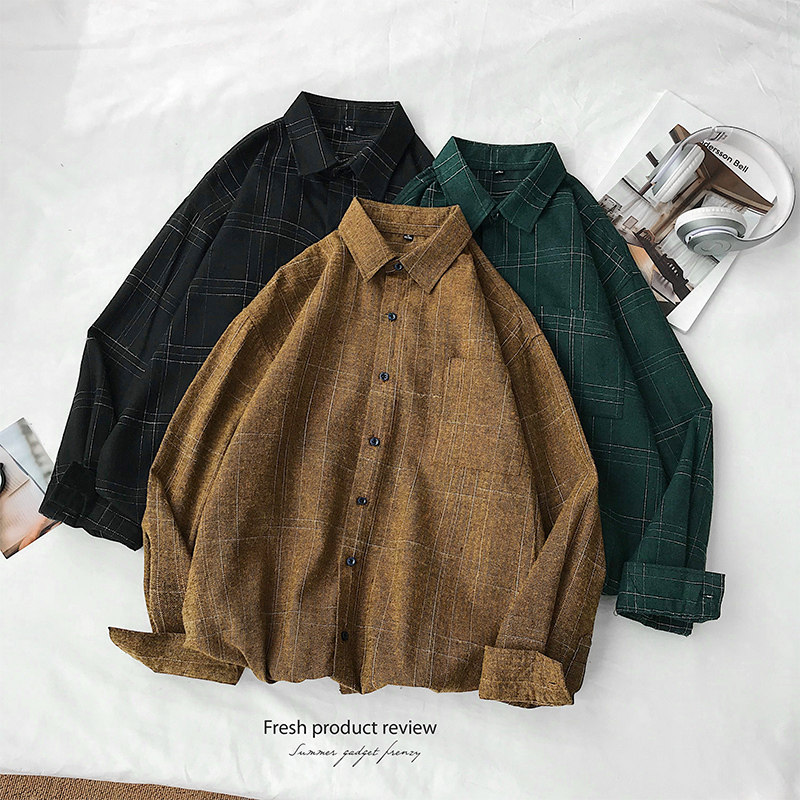Trend Shirt Male long sleeve plaid jacket Korean version Spring shirt Tide Cards Undershirt Loose lovers casual inches
