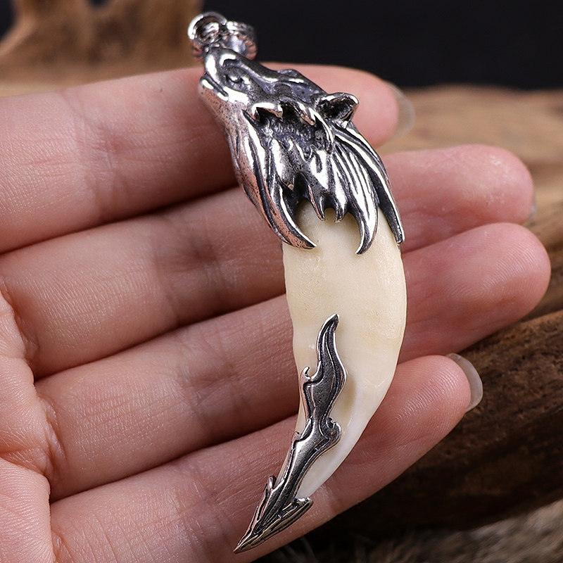 Ethnic style inlaid real Tibetan mastiff teeth s925 wallet necklace set men's pendant hand-adjustable pendant