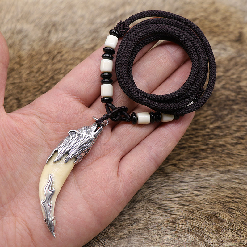 Bag Silver Wolf Tooth Men Necklace Real Tooth Tibetan Mastiff Pendant Pure Silver Braces Black Dog Tooth Original Design Couple Pendant