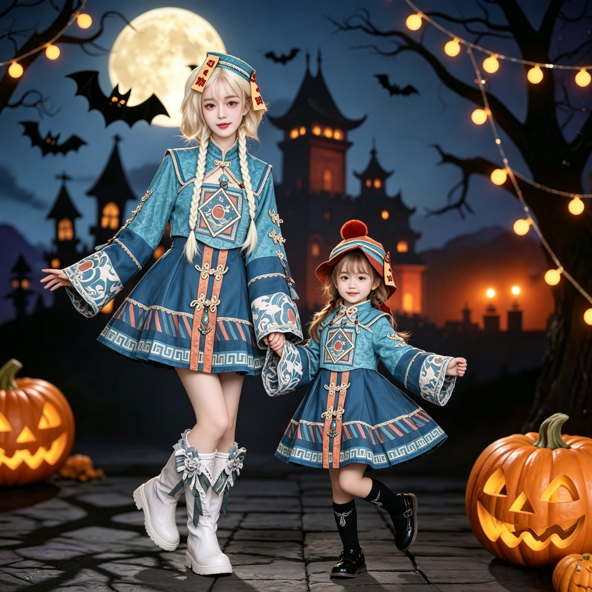 Authentic Little Zombie Lolita Dress Halloween Cosplay Costume, Cute and Light Blue Cosplay Women's Clothing Performance Costume