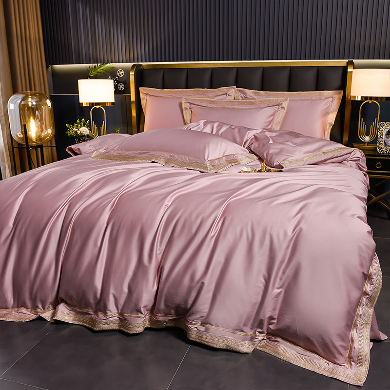 Light luxury simple style pure cotton 200 counts princess style four-piece set solid color cotton quilt cover naked sleeping sheets bedding