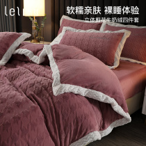 Thousand bird grid winter thickened milk velvet four-piece double-sided velvet flange coral velvet princess style quilt cover bed warm