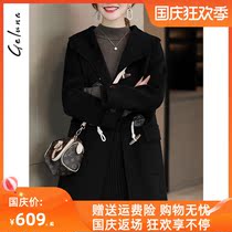 Black double-sided woolen coat women 2021 new autumn and winter long horn buckle wool coat Korean version of Zero cashmere