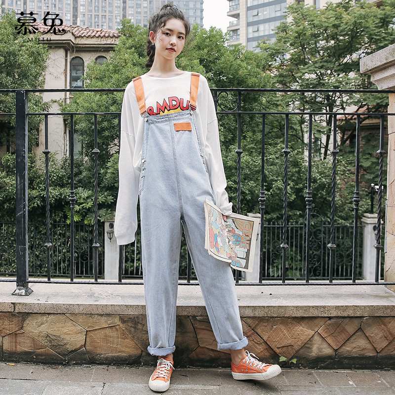 学生ins减龄宽松牛仔背带裤女夏(慕兔)
