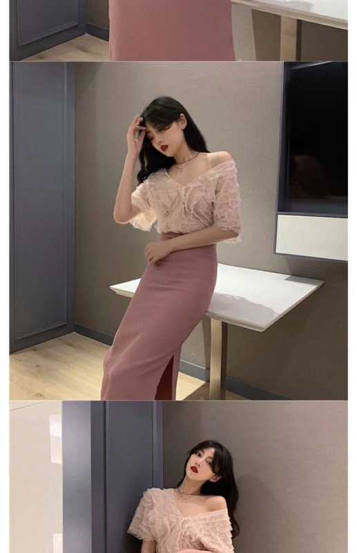 Quần áo chống nắng siêu gợi cảm áo sơ mi voan tay ngắn nữ 2020 mới lưới màu đỏ lệch vai gợi cảm - Áo sơ mi chiffon ren