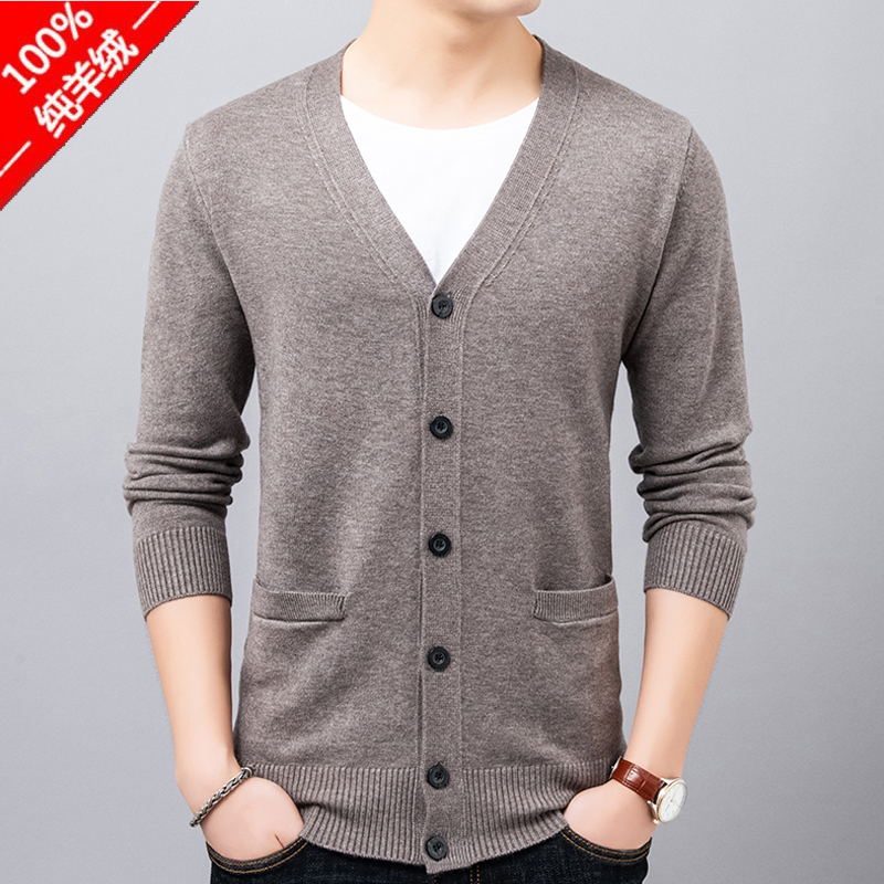 New Autumn and Winter 100% Pure Cashmere Sweater Men's V-Neck Cardigan Pure Color Knitted Base Wool Sweater Jacket New Autumn and Winter 100% Pure Cashmere Sweater Men's V-Neck Cardigan Pure Color Knitted Base Wool Sweater Jacket