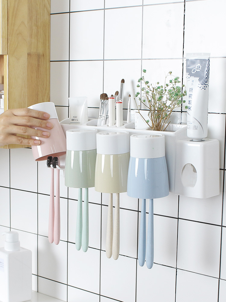 Toothbrush shelf Hole-free powder room wall-mounted toothbrush holder Mouthwash cup set Brushing cup rack Tooth cup holder