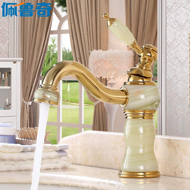 Perucci Luxury Jade Brass Gold Faucet, Hot and Cold Rotating Antique-Style Under-Counter European-Style Washbasin Faucet Perucci Luxury Jade Brass Gold Faucet, Hot and Cold Rotating Antique-Style Under-Counter European-Style Washbasin Faucet