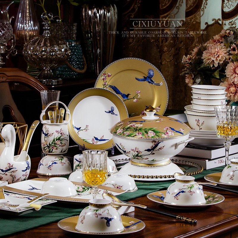 Dishes suit ipads porcelain tableware suit household Chinese wind 60 head 10 European Dishes jingdezhen ceramic bowl bowl